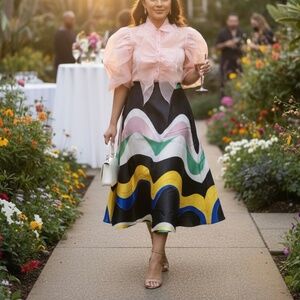 #A065 – N By Nancy   Dopamine    Wave Print  A-Line  Midi Skirt   NWT  L